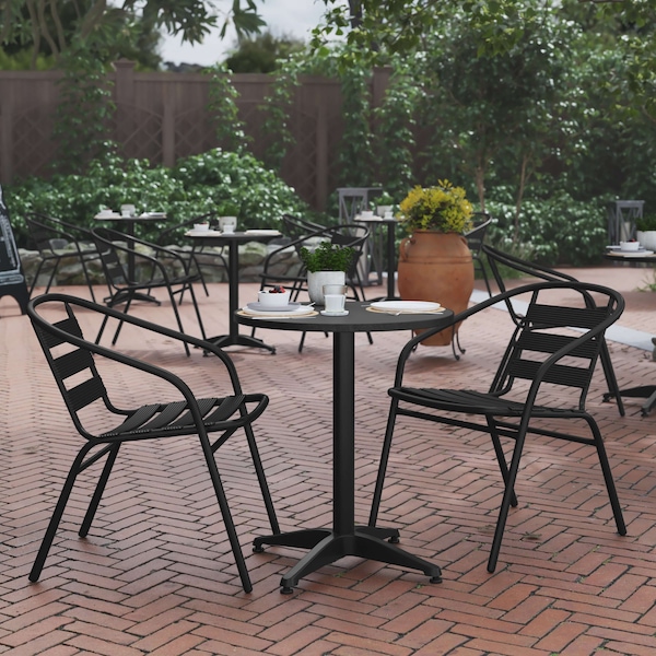Flash Furniture Lila 23.5in Black Round Aluminum Indoor-Outdoor Table Set with 2 Black Slat Back Chairs TLH-ALUM-24RD-017BK2-GG - main